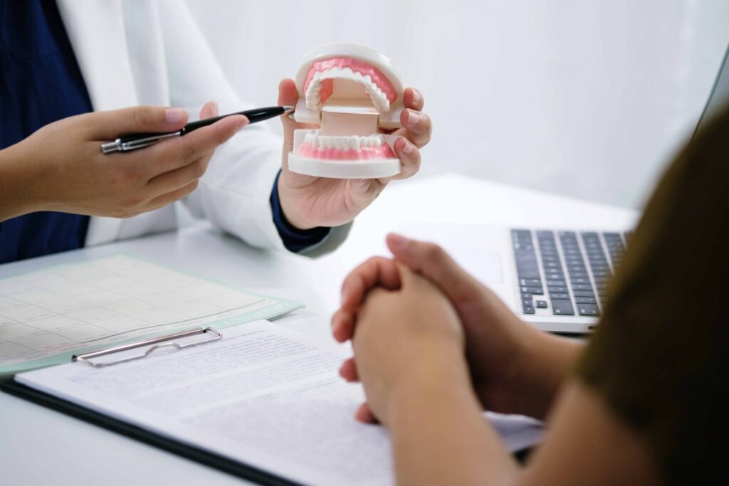 歯の模型を使って説明している歯科医師と、話を聞く患者